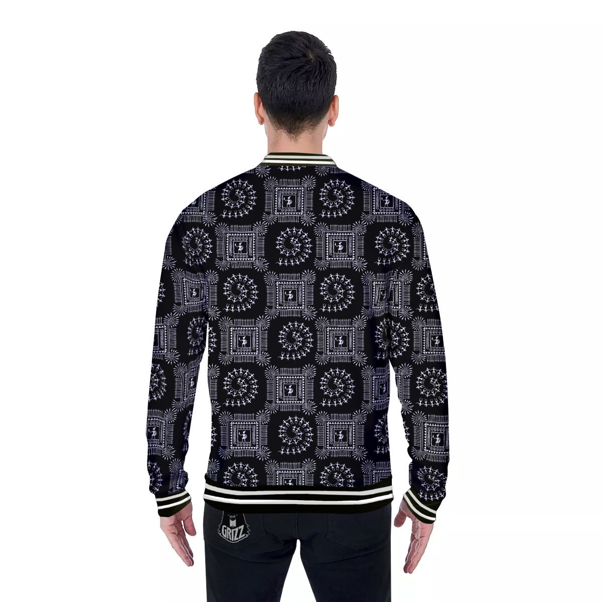 Warli Tribal White And Black Print Baseball Jacket-grizzshop