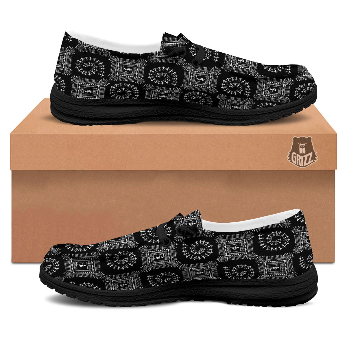 Warli Tribal White And Black Print Black Loafers-grizzshop