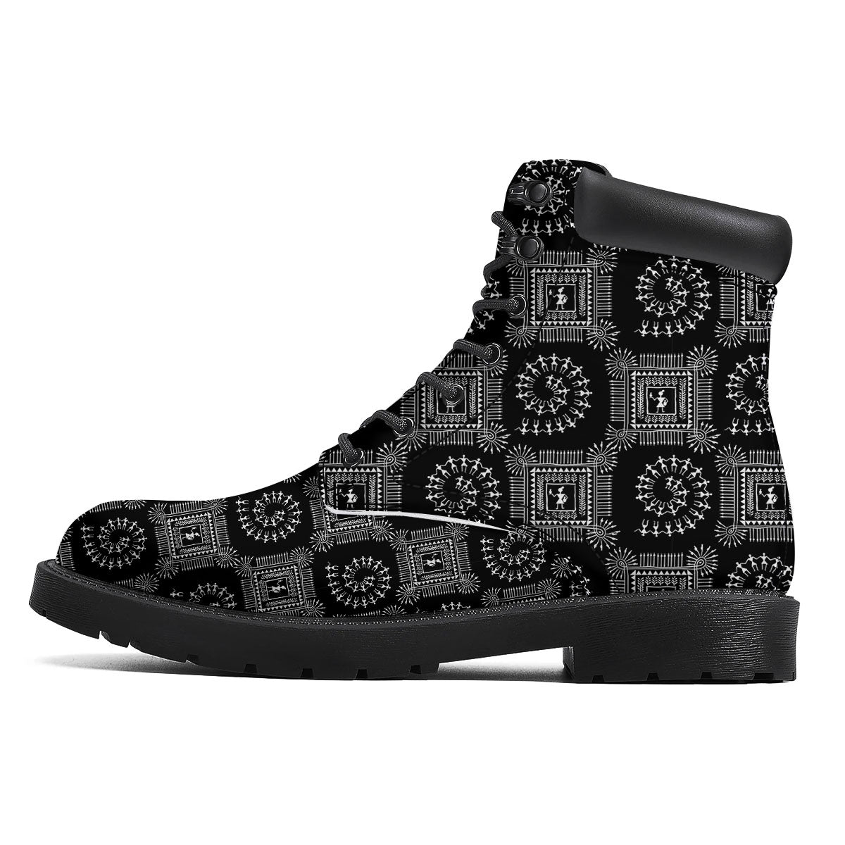 Warli Tribal White And Black Print Boots-grizzshop