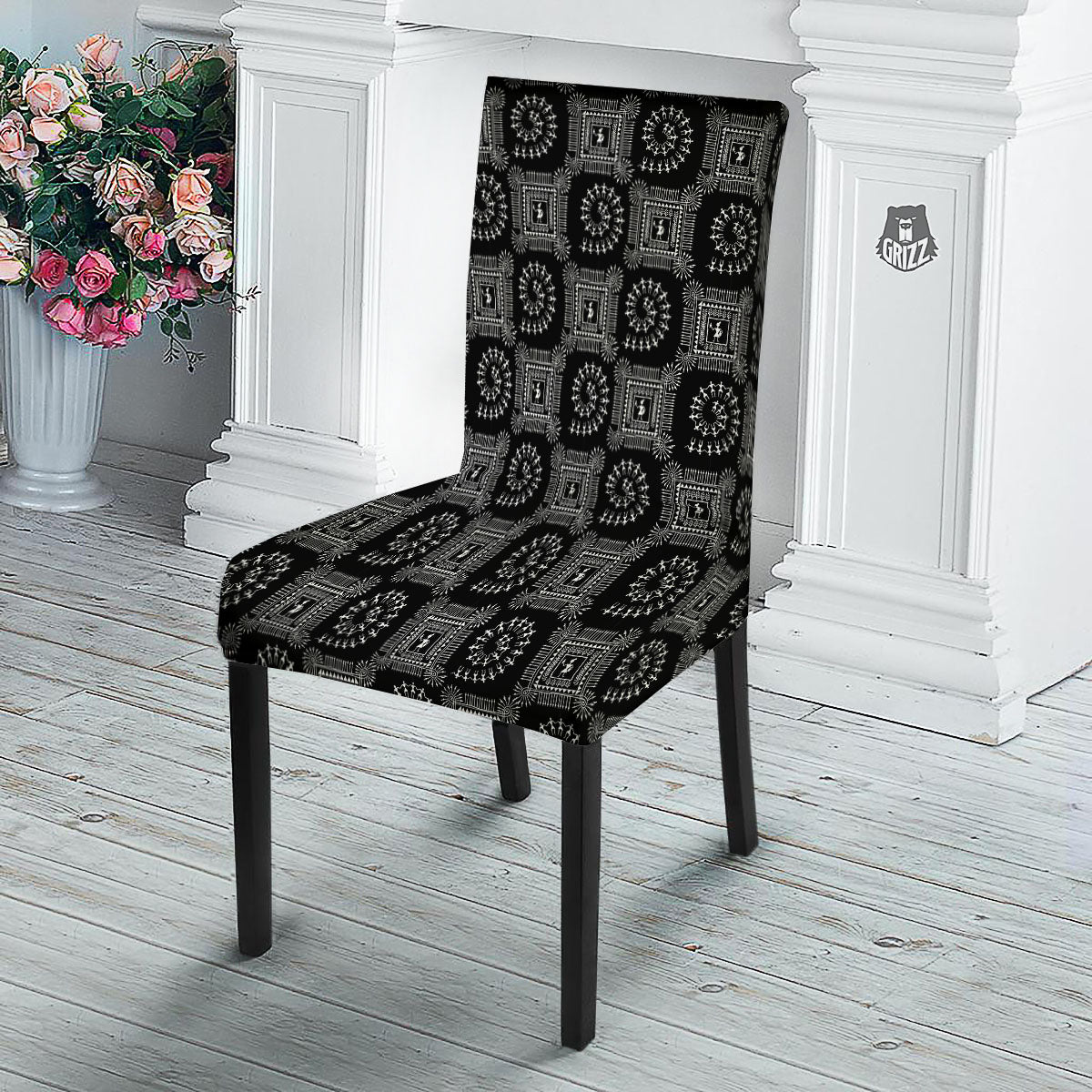 Warli Tribal White And Black Print Dining Chair Slipcover-grizzshop