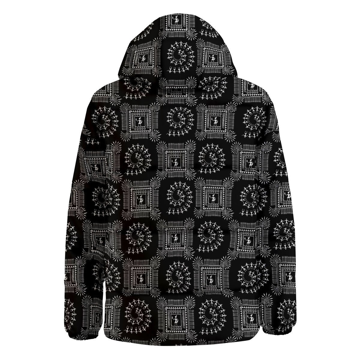 Warli Tribal White And Black Print Down Jacket-grizzshop