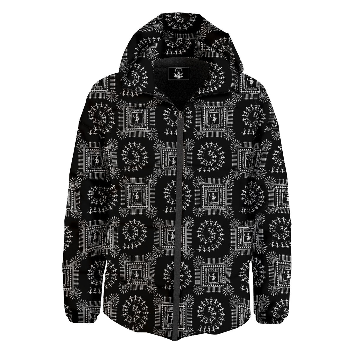 Warli Tribal White And Black Print Down Jacket-grizzshop