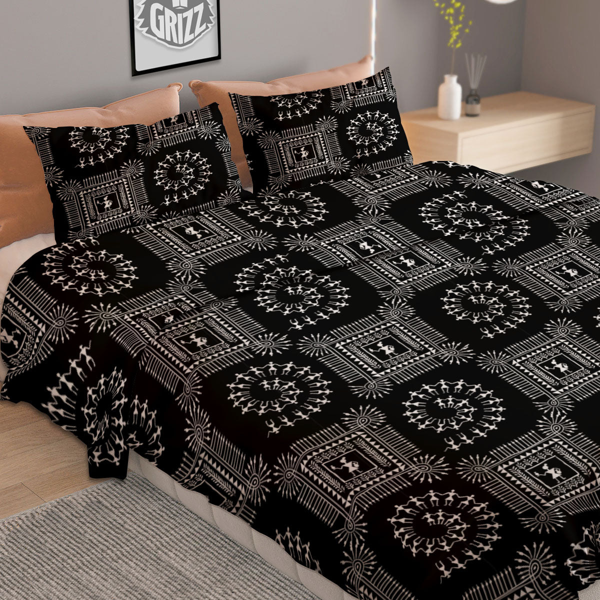 Warli Tribal White And Black Print Duvet Cover Bedding Set