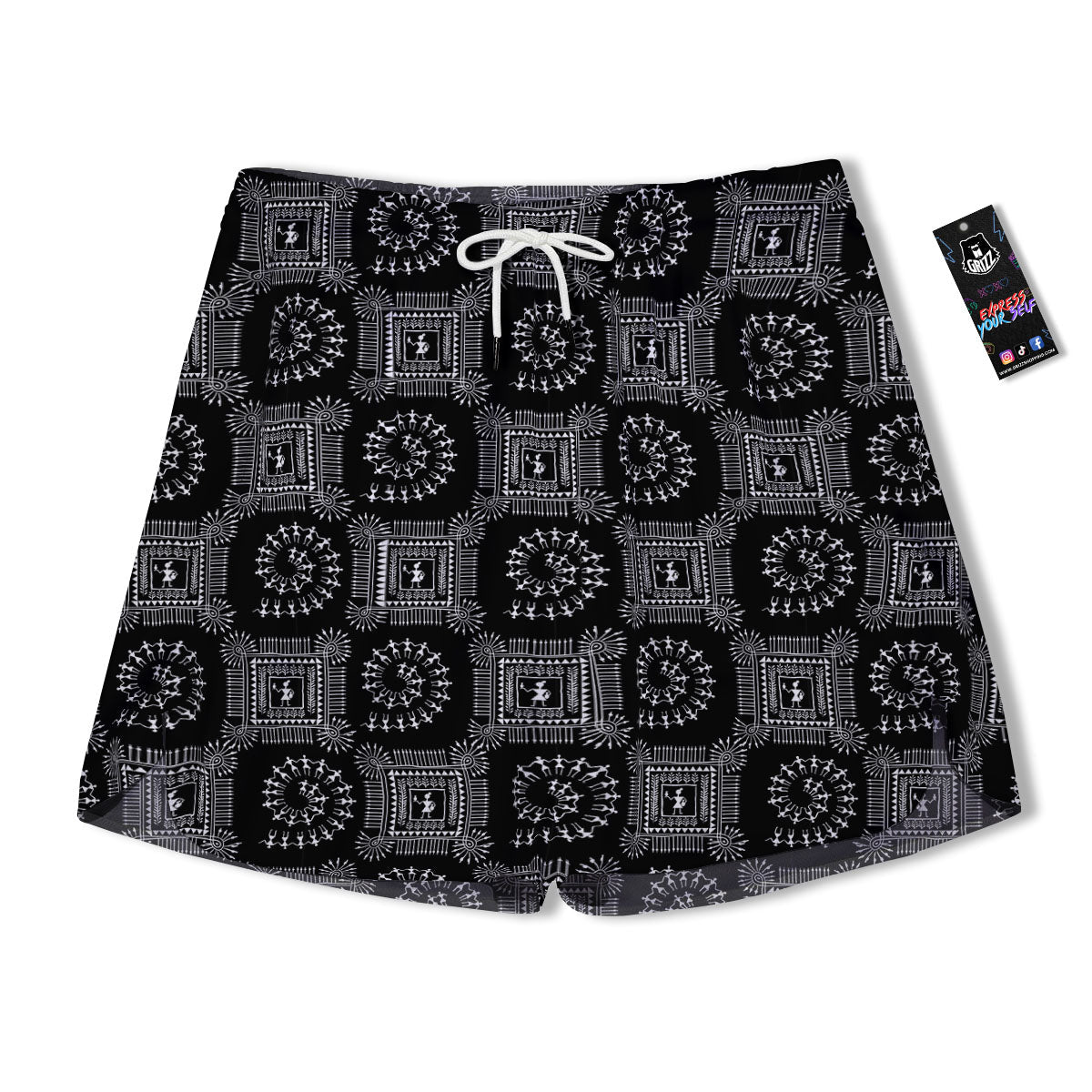 Warli Tribal White And Black Print Men's Running Shorts-grizzshop
