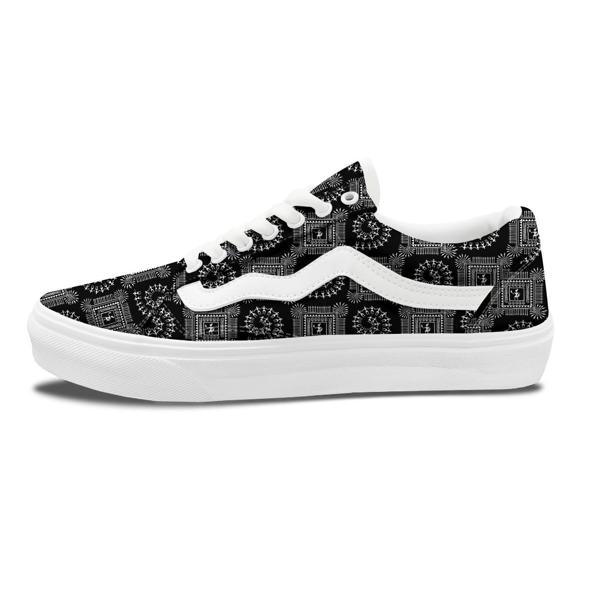 Warli Tribal White And Black Print Skate Shoes-grizzshop