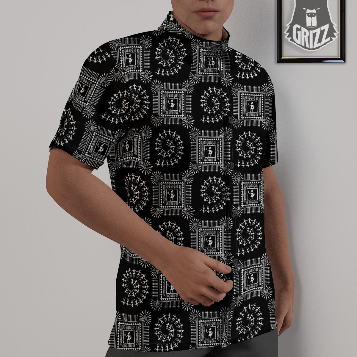 Warli Tribal White And Black Print Untucked Shirts-grizzshop