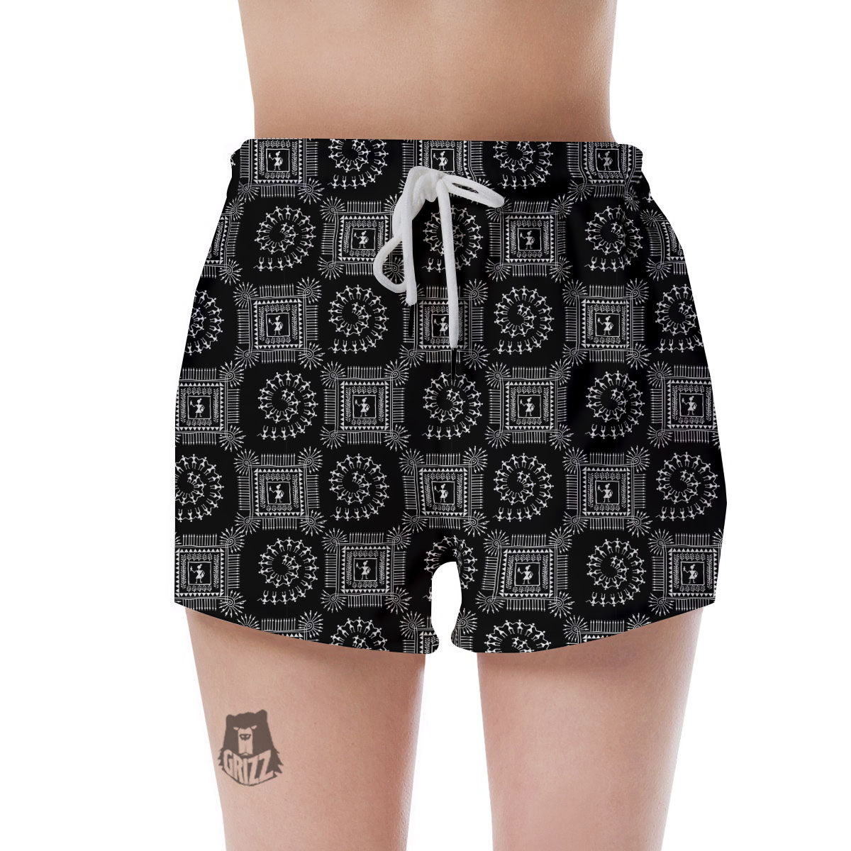 Warli Tribal White And Black Print Women's Shorts-grizzshop