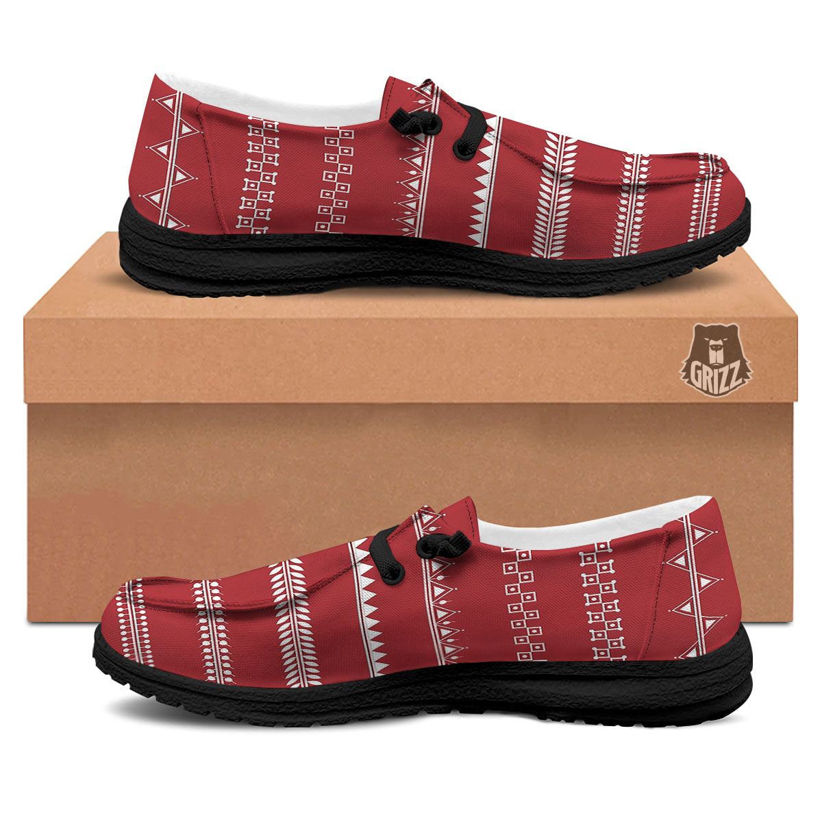 Warli Tribal White And Red Print Black Loafers-grizzshop