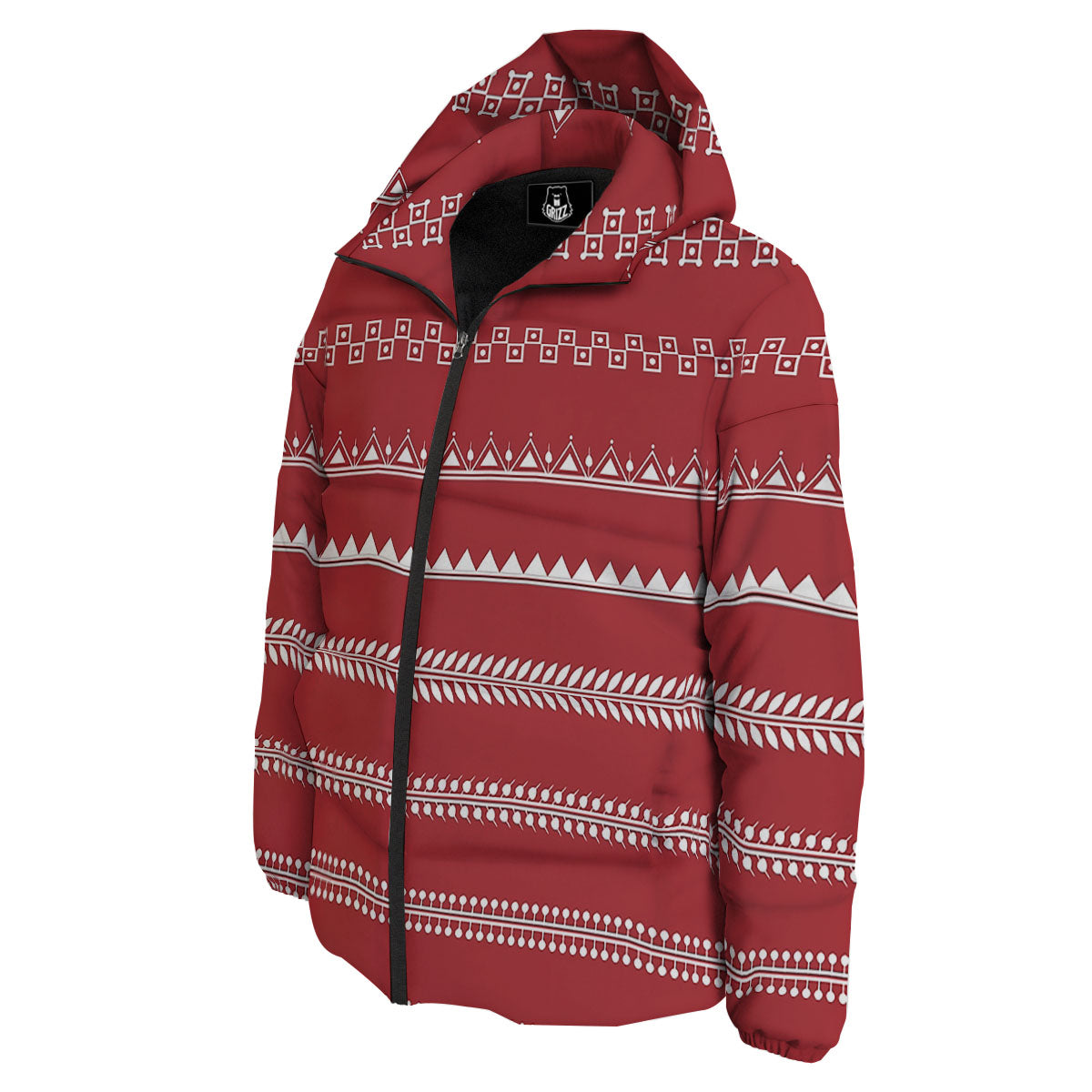 Warli Tribal White And Red Print Down Jacket-grizzshop