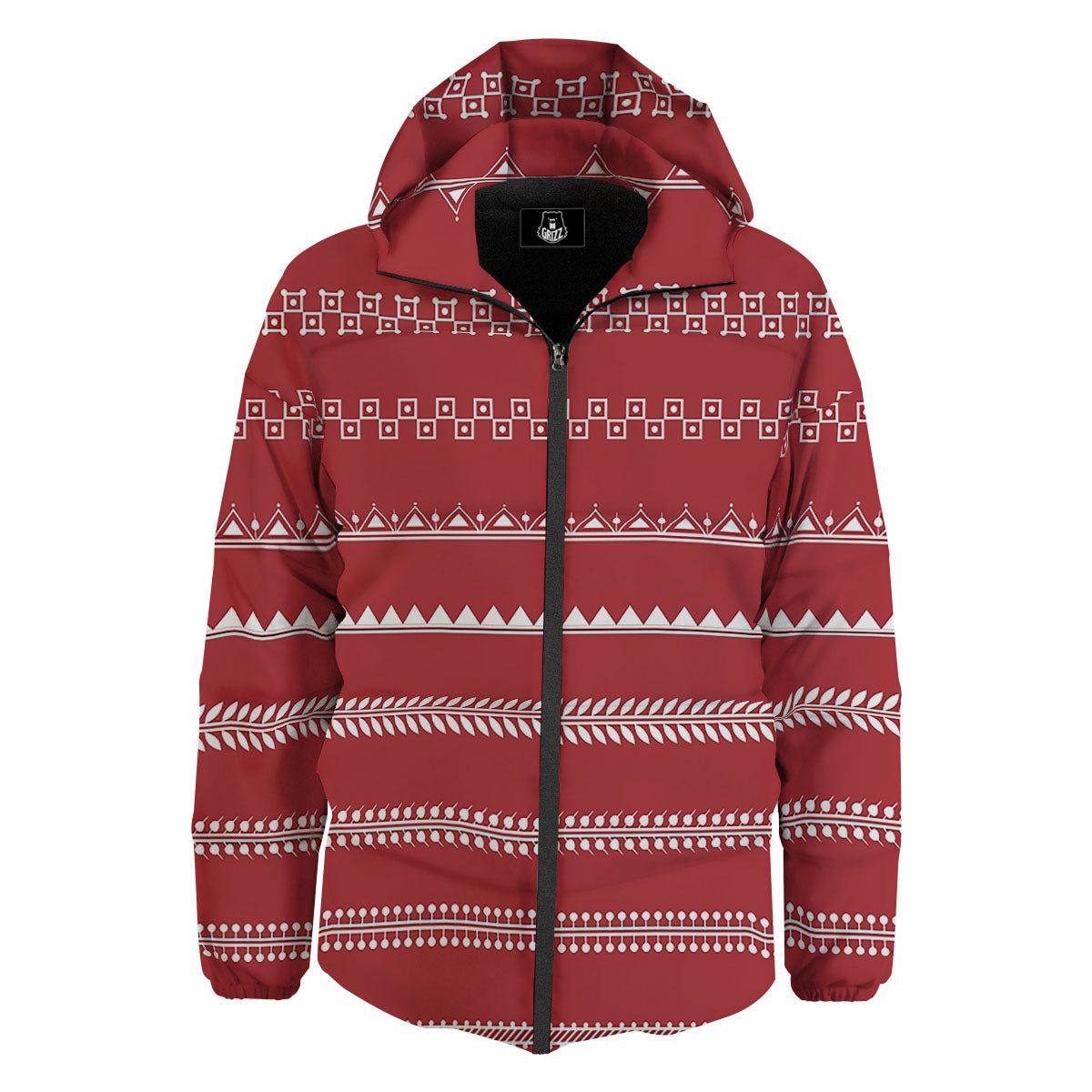 Warli Tribal White And Red Print Down Jacket-grizzshop