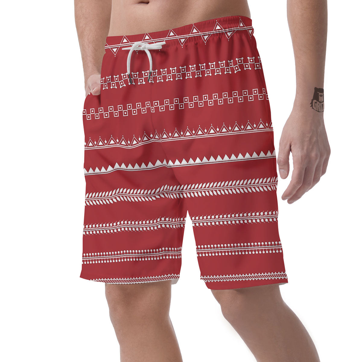 Warli Tribal White And Red Print Men's Shorts-grizzshop