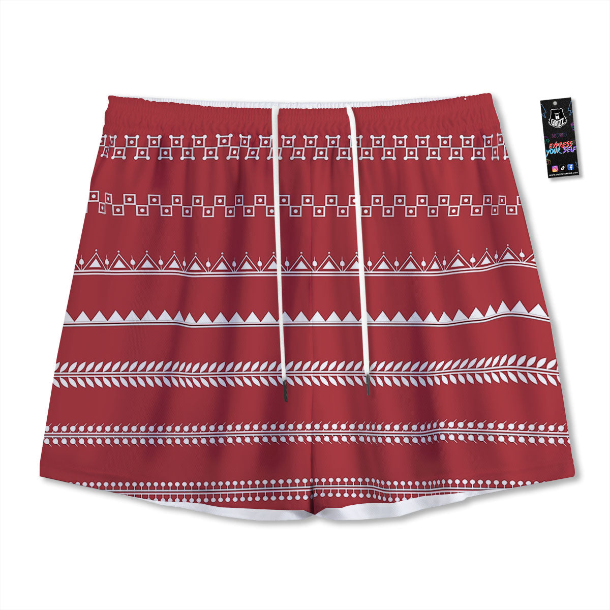 Warli Tribal White And Red Print Mesh Shorts