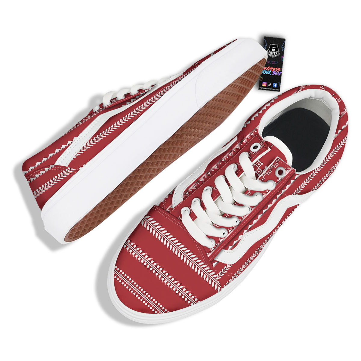 Warli Tribal White And Red Print Skate Shoes-grizzshop