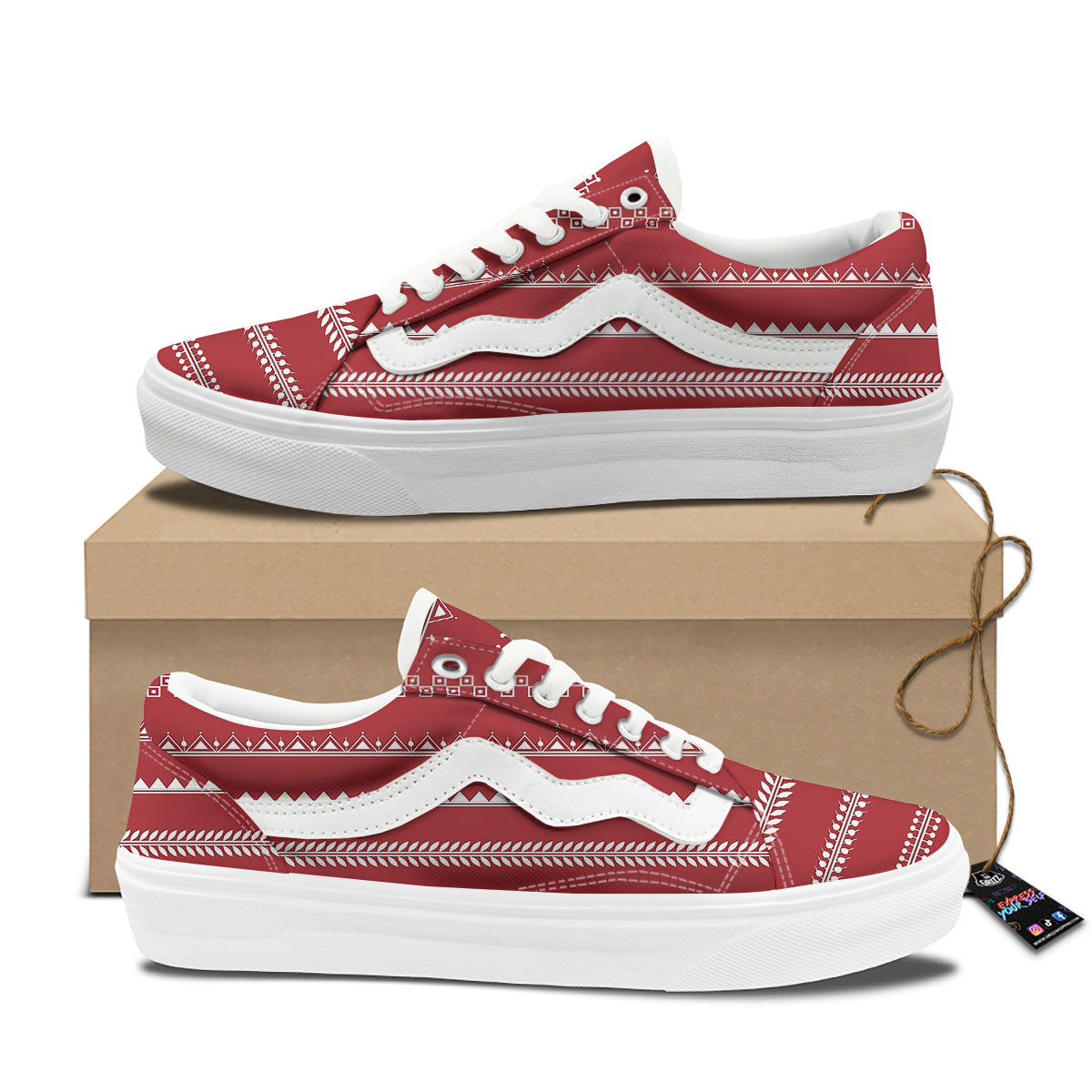 Warli Tribal White And Red Print Skate Shoes-grizzshop