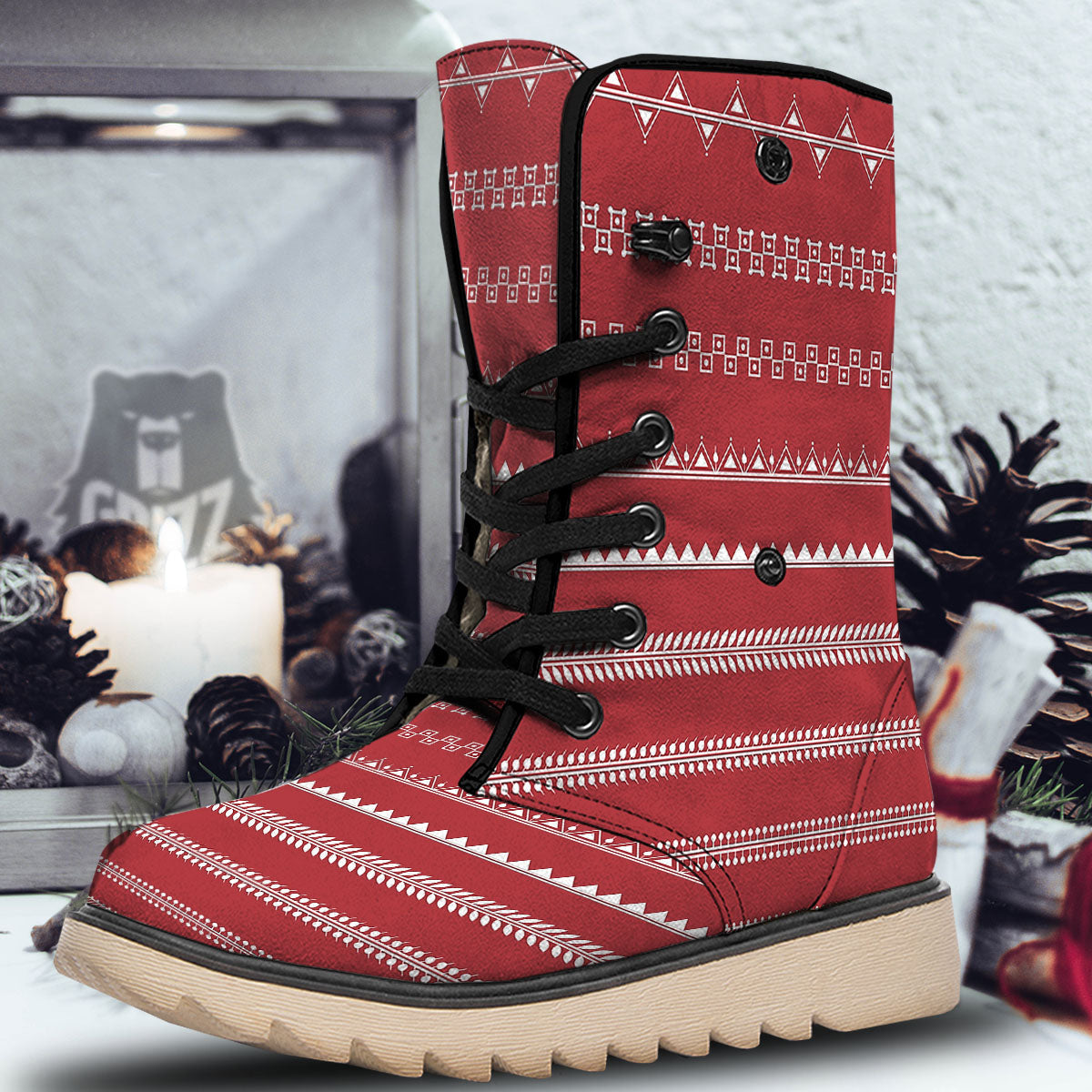 Warli Tribal White And Red Print Snow Boots-grizzshop
