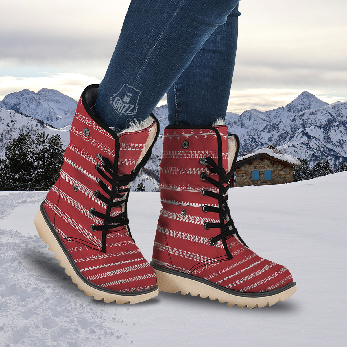 Warli Tribal White And Red Print Snow Boots-grizzshop