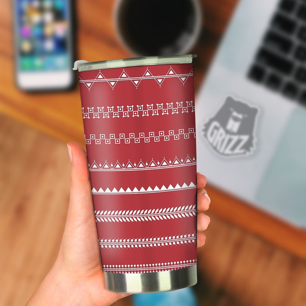 Warli Tribal White And Red Print Tumbler-grizzshop