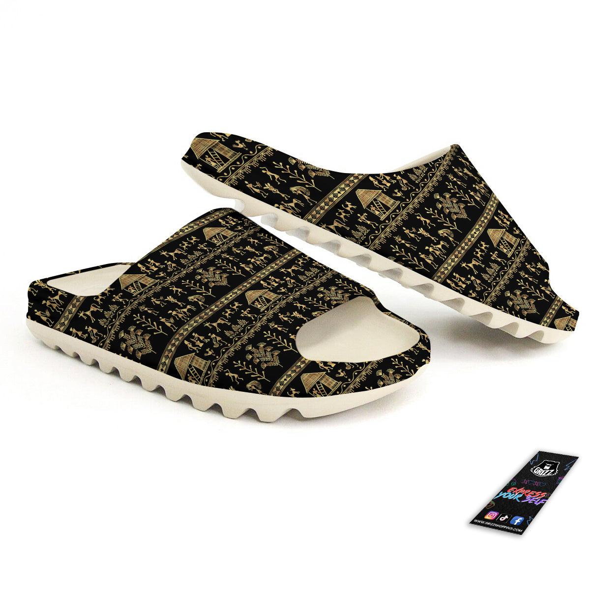 Warli Gold And Black Print Pattern Sandals-grizzshop
