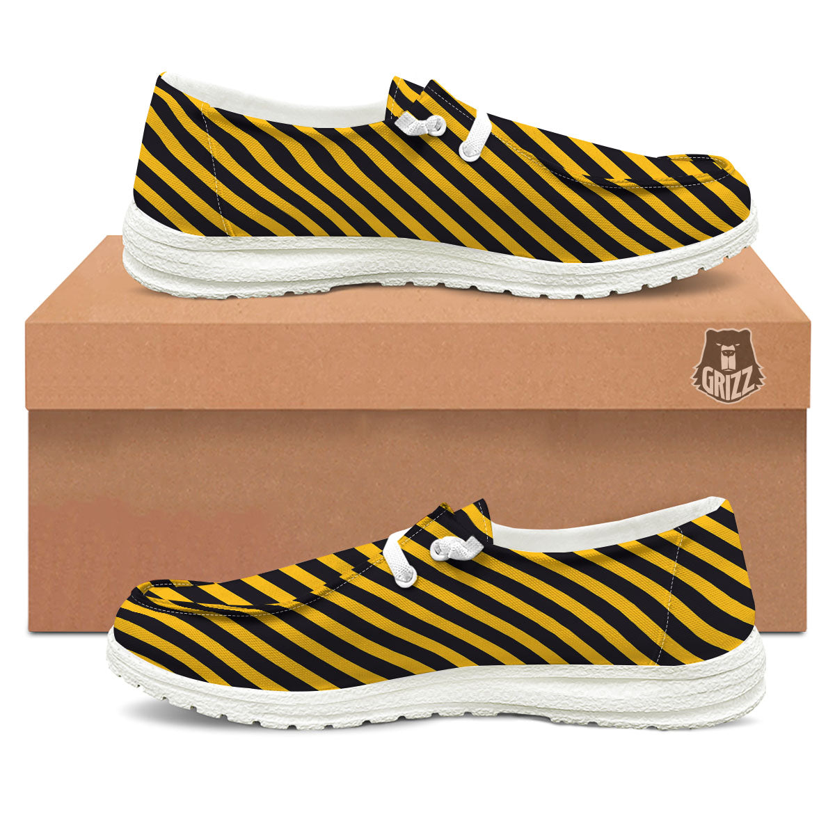 Warning Striped Yellow And Black Print White Loafers-grizzshop
