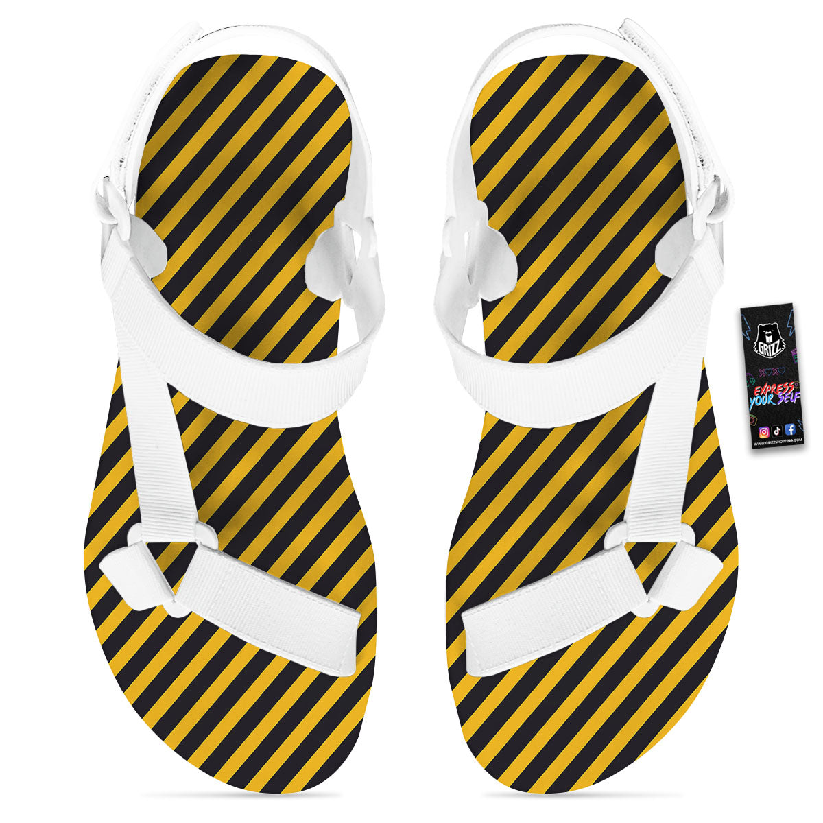 Warning Striped Yellow And Black Print White Open Toe Sandals-grizzshop