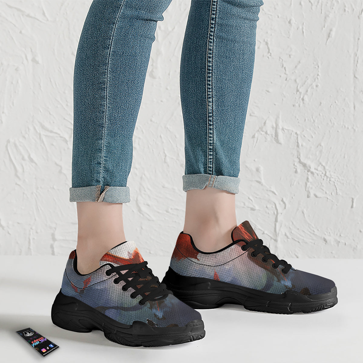 Warrior And Red Dragon Print Black Chunky Shoes-grizzshop