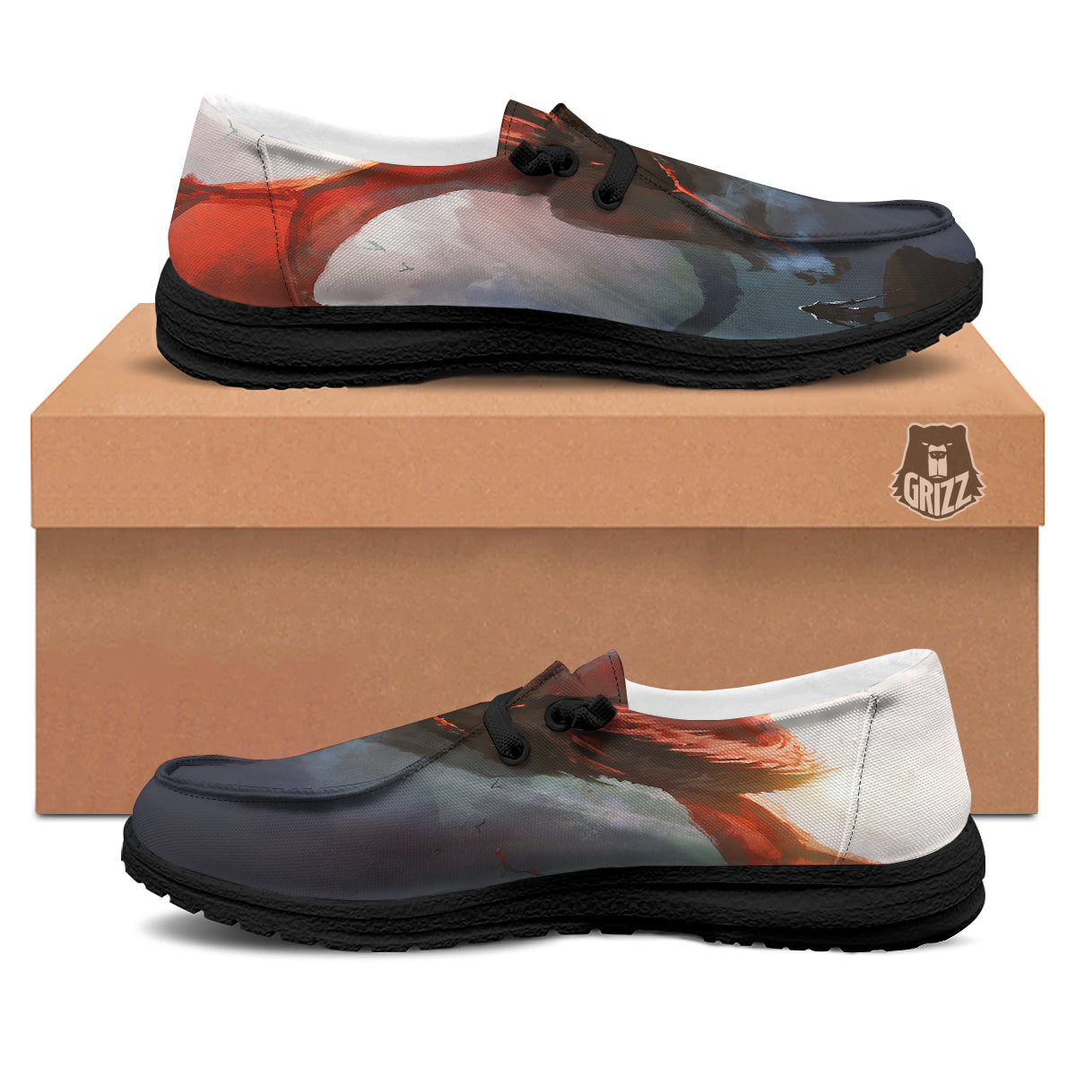 Warrior And Red Dragon Print Black Loafers-grizzshop