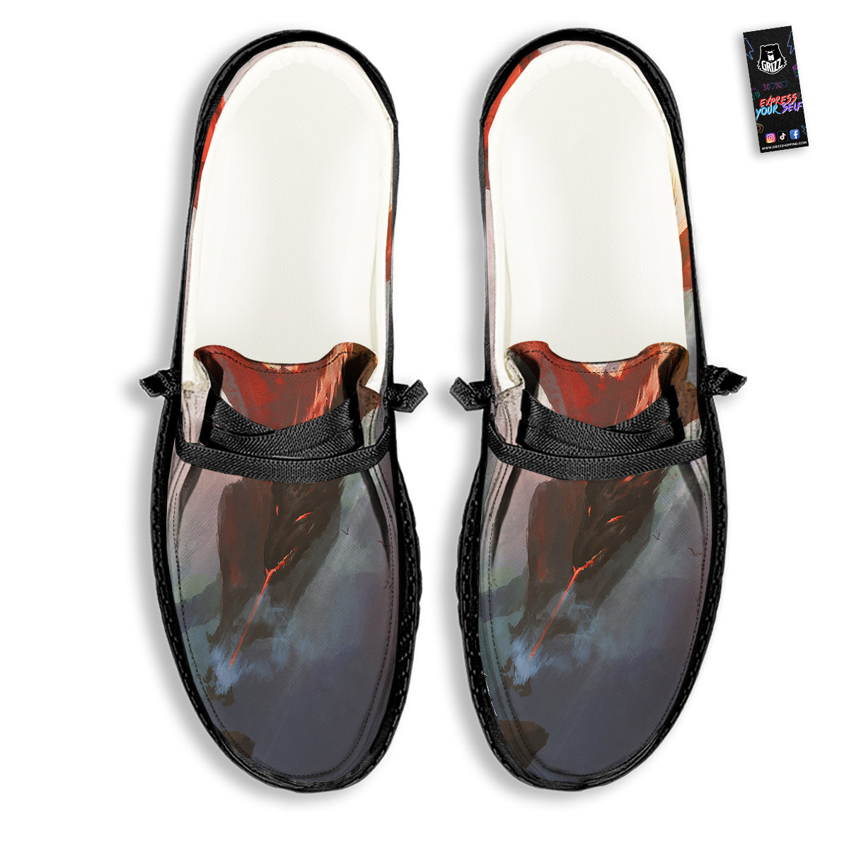 Warrior And Red Dragon Print Black Loafers-grizzshop