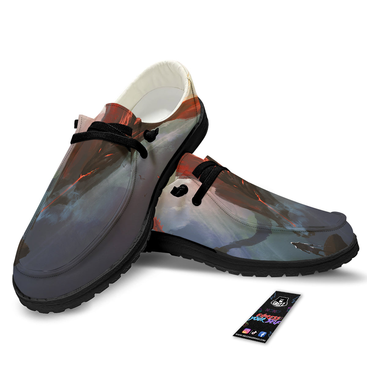 Warrior And Red Dragon Print Black Loafers-grizzshop