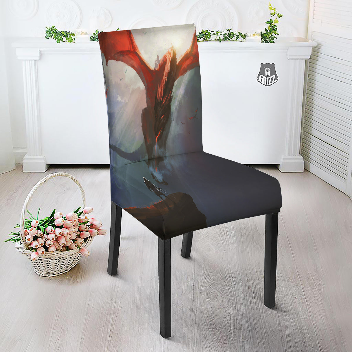Warrior And Red Dragon Print Dining Chair Slipcover-grizzshop