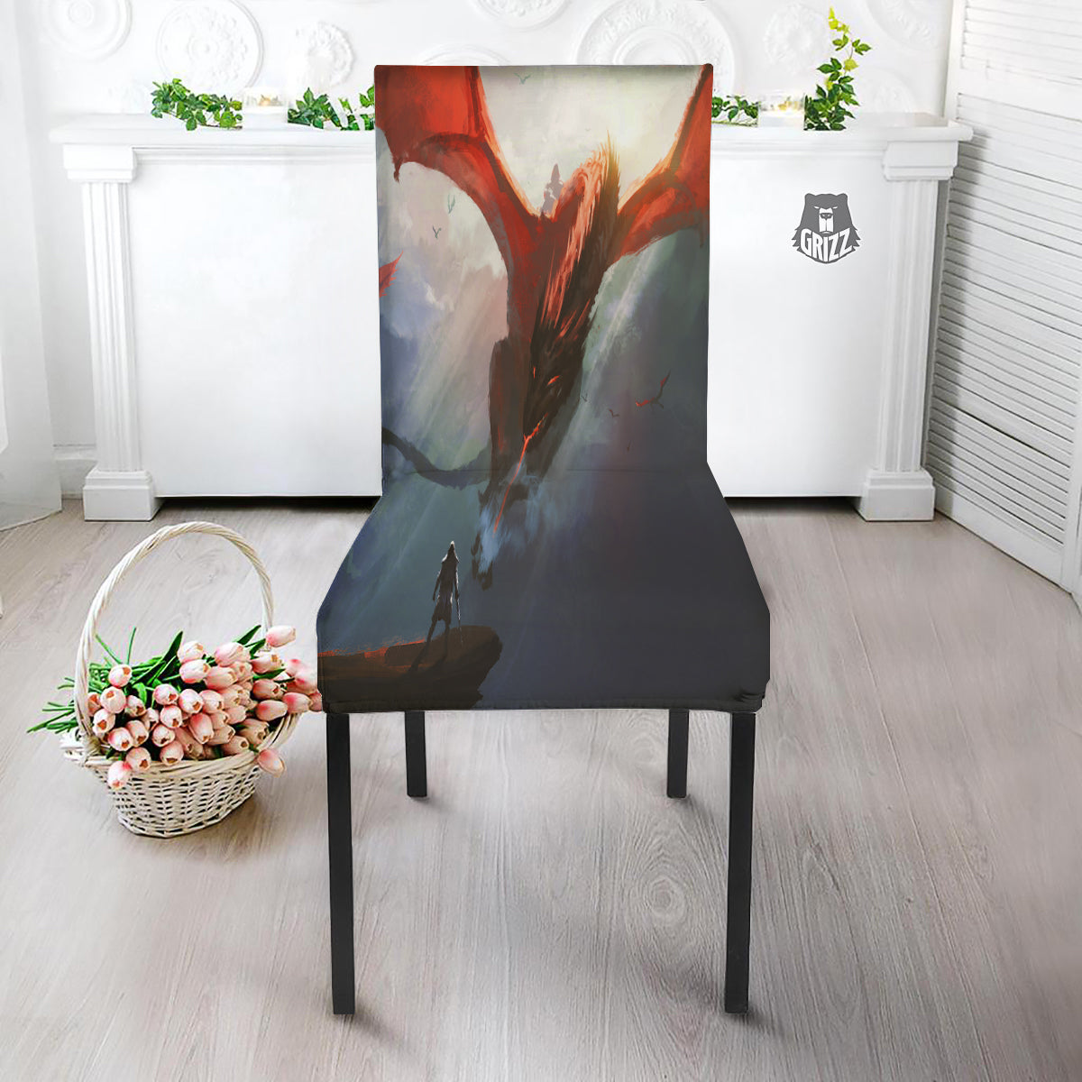 Warrior And Red Dragon Print Dining Chair Slipcover-grizzshop