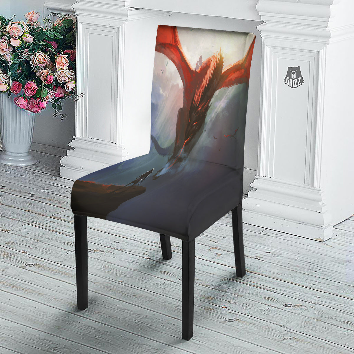 Warrior And Red Dragon Print Dining Chair Slipcover-grizzshop