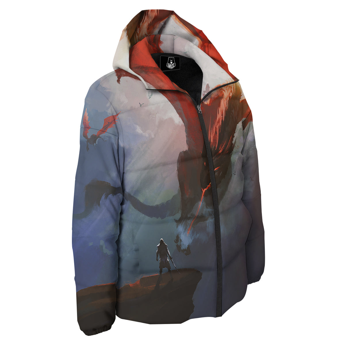 Warrior And Red Dragon Print Down Jacket-grizzshop