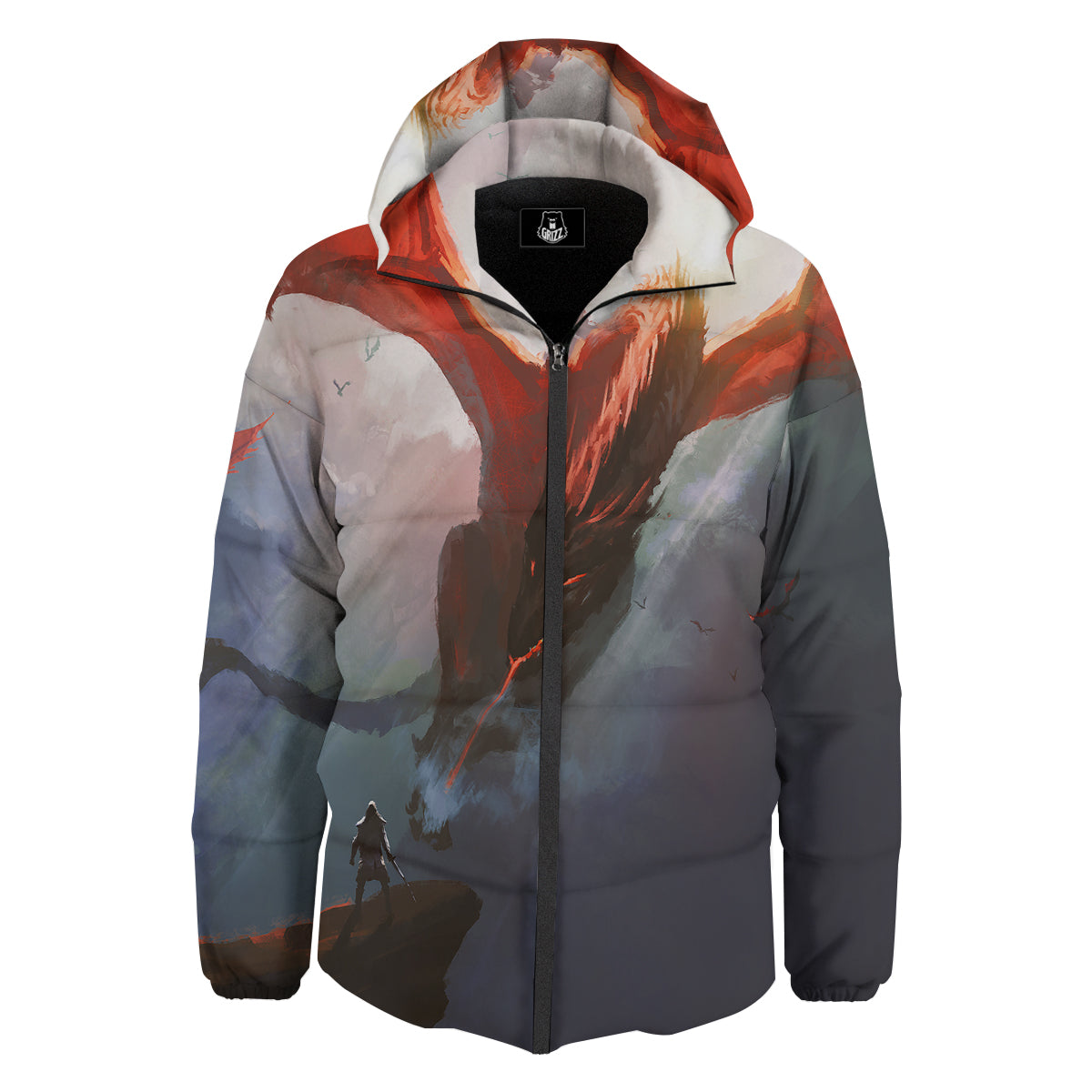 Warrior And Red Dragon Print Down Jacket-grizzshop