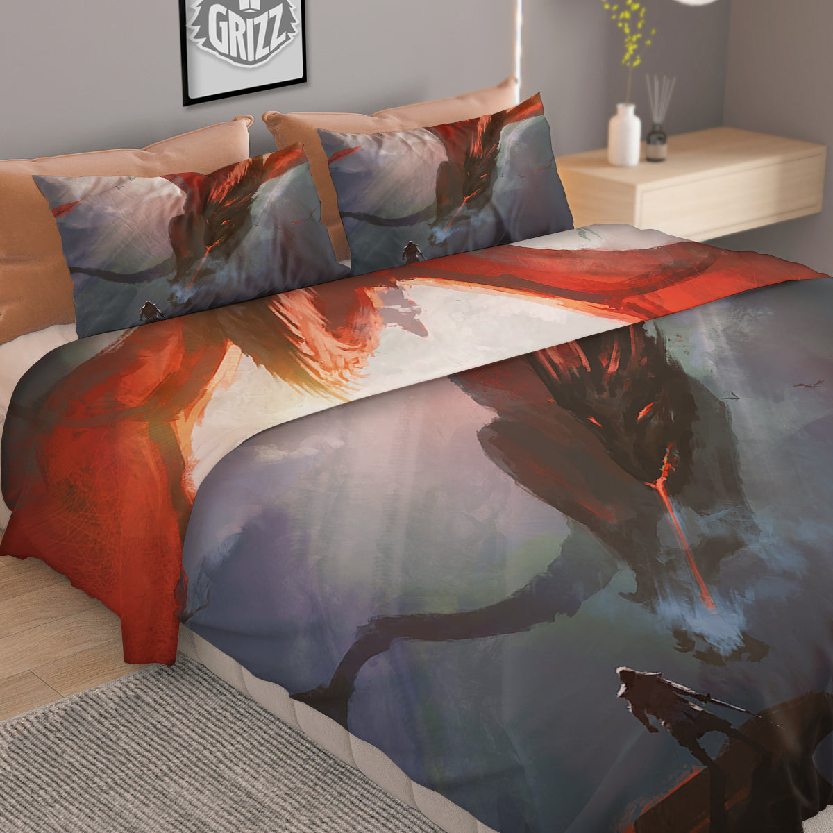 Warrior And Red Dragon Print Duvet Cover Bedding Set