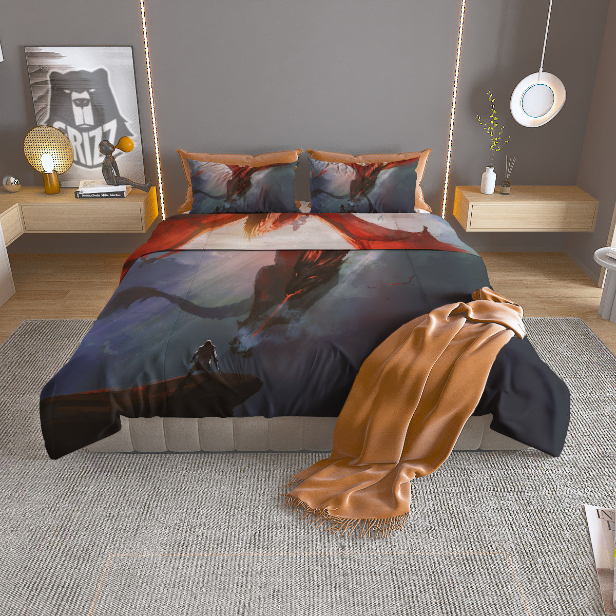 Warrior And Red Dragon Print Duvet Cover Bedding Set