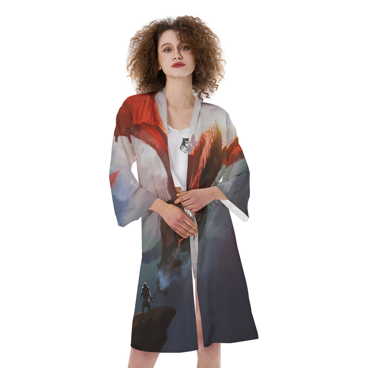 Warrior And Red Dragon Print Kimono-grizzshop
