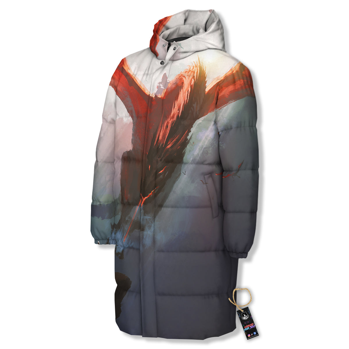Warrior And Red Dragon Print Long Down Jacket-grizzshop