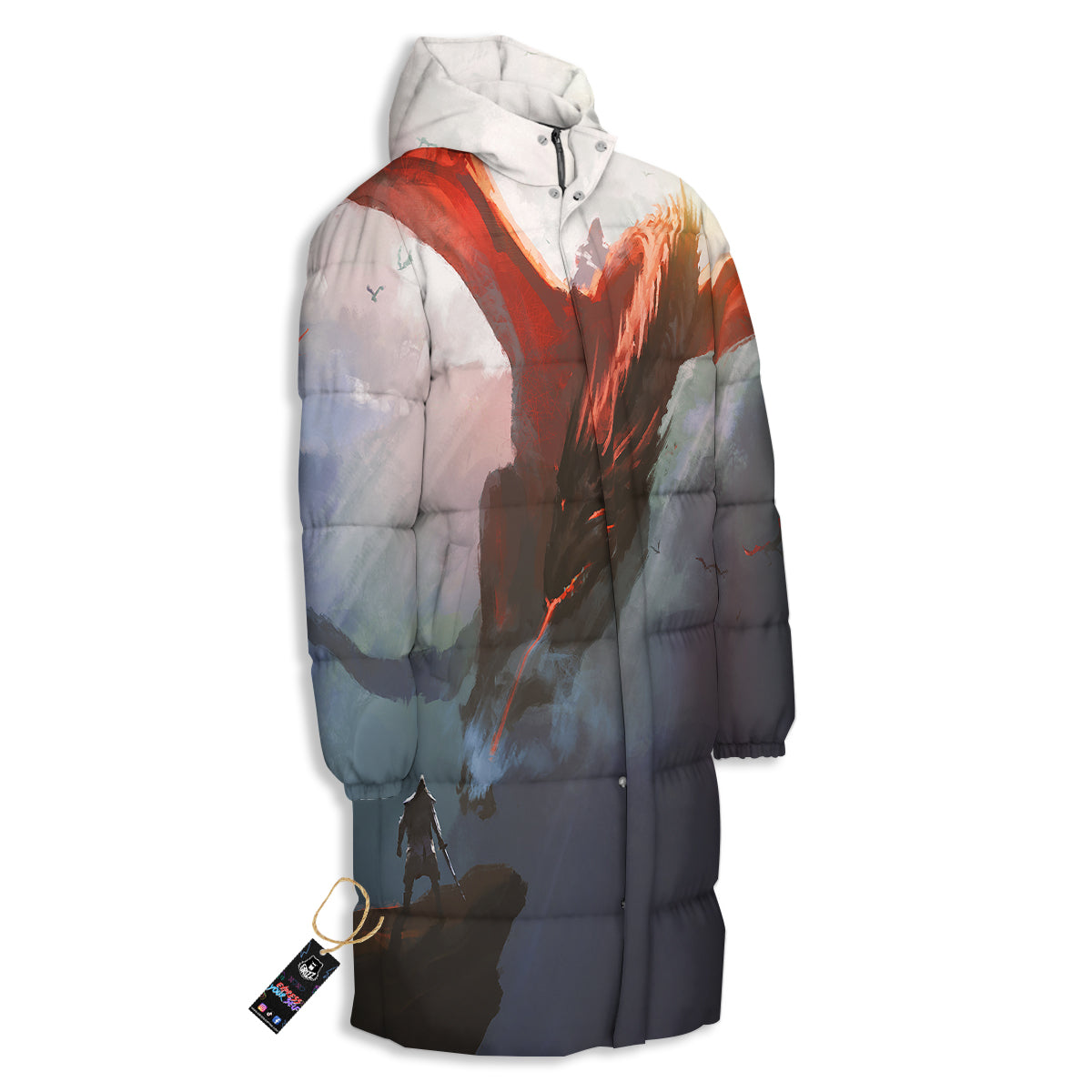 Warrior And Red Dragon Print Long Down Jacket-grizzshop