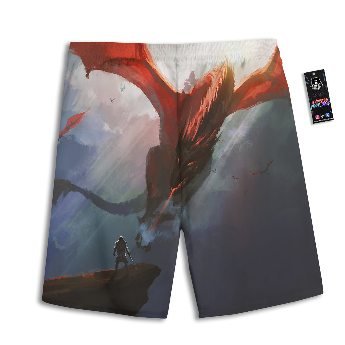 Warrior And Red Dragon Print Men's Athletic Shorts