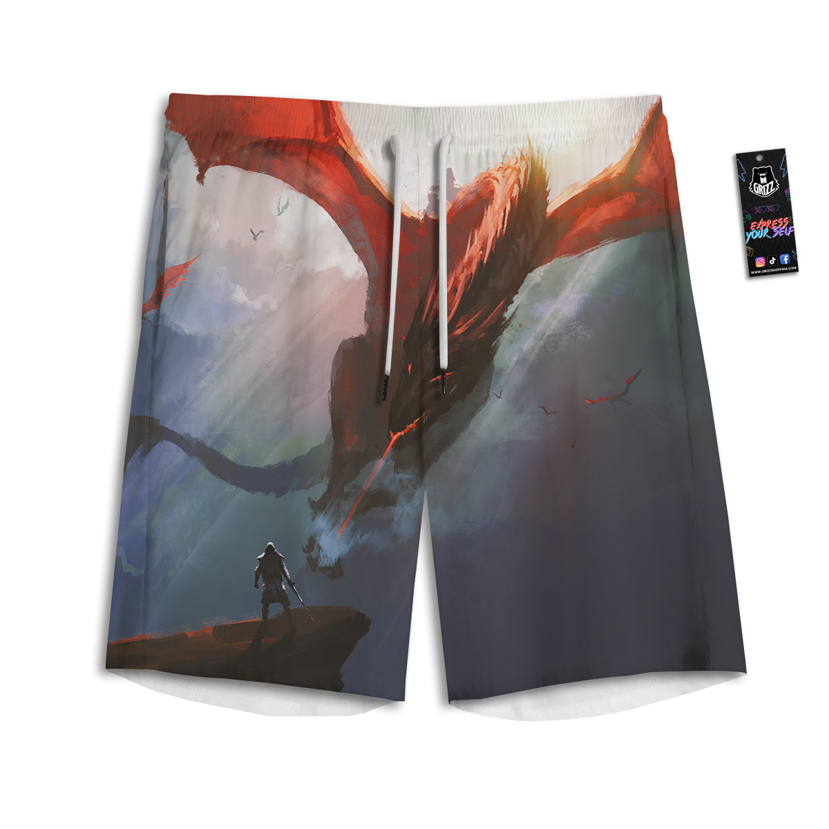 Warrior And Red Dragon Print Men's Athletic Shorts