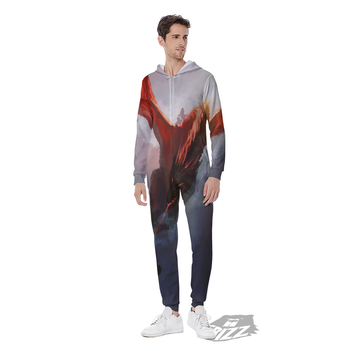 Warrior And Red Dragon Print Men's Jumpsuit-grizzshop