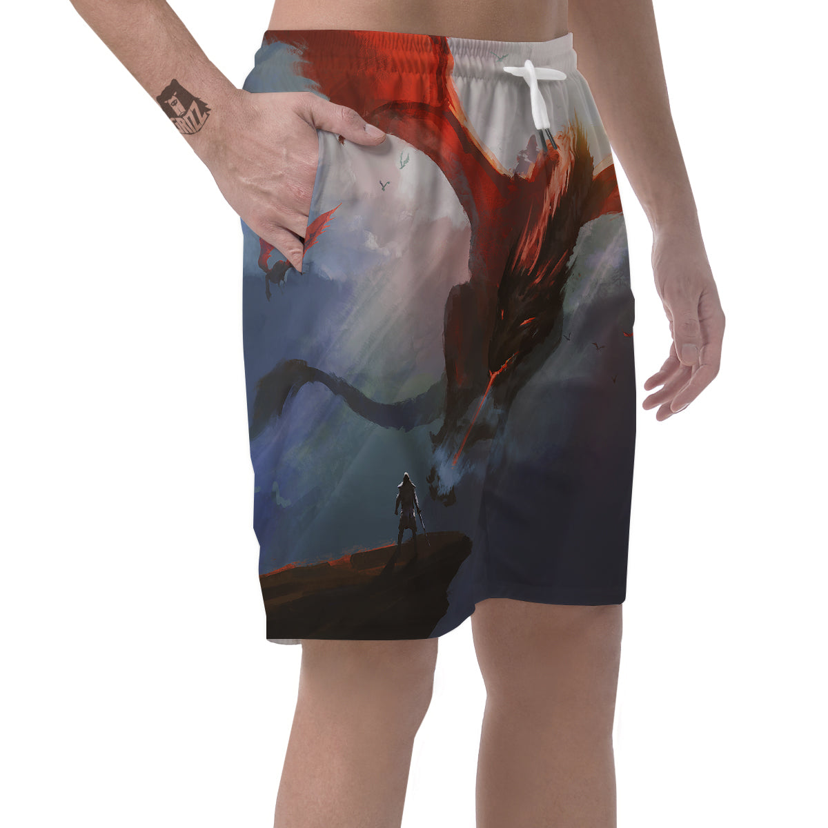 Warrior And Red Dragon Print Men's Shorts-grizzshop
