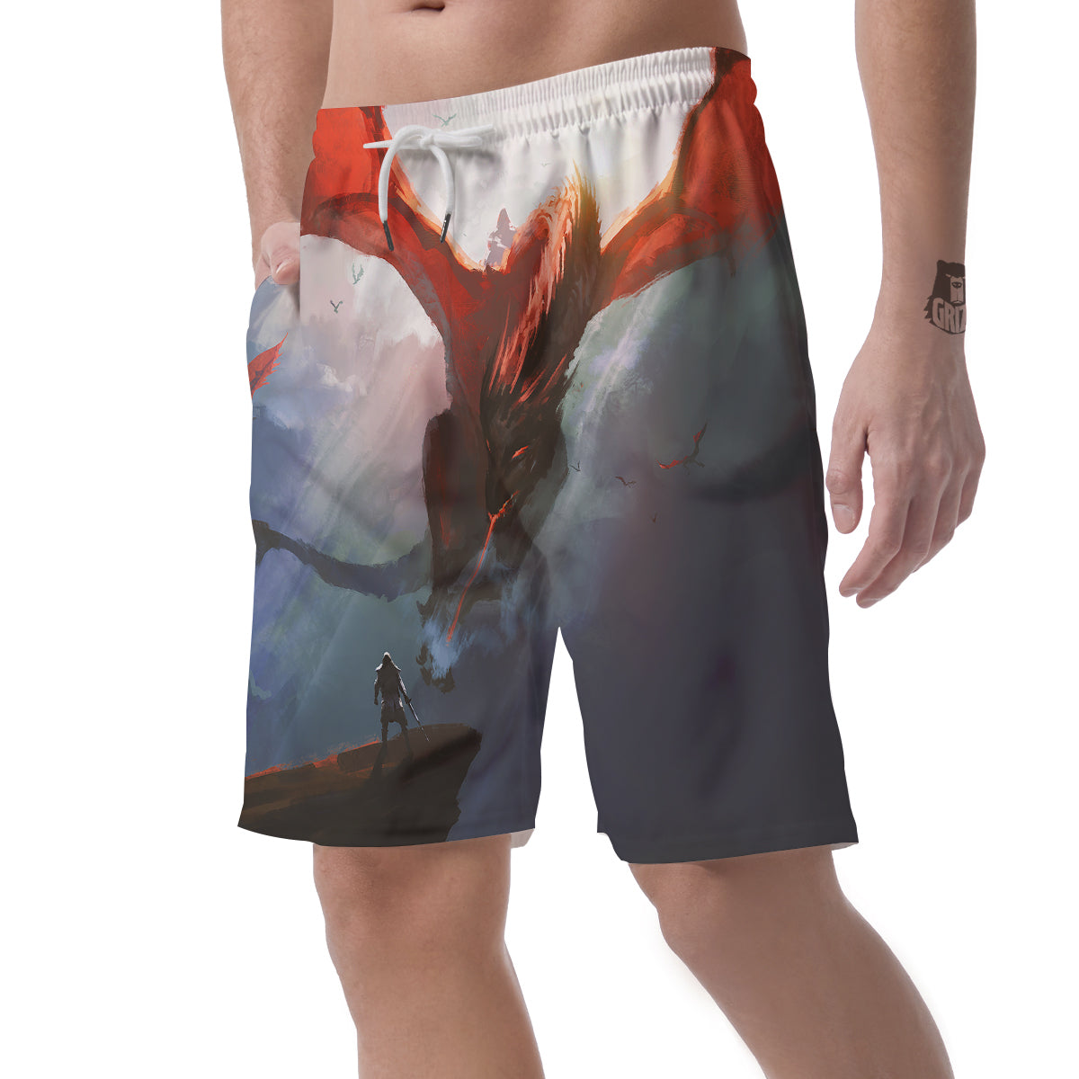Warrior And Red Dragon Print Men's Shorts-grizzshop
