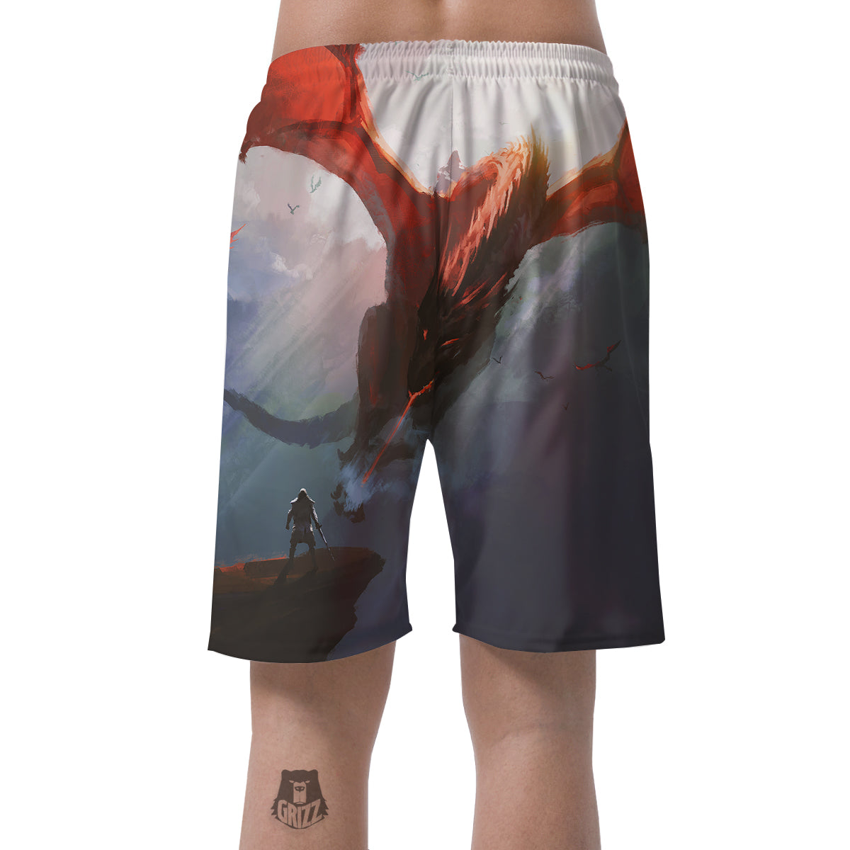 Warrior And Red Dragon Print Men's Shorts-grizzshop