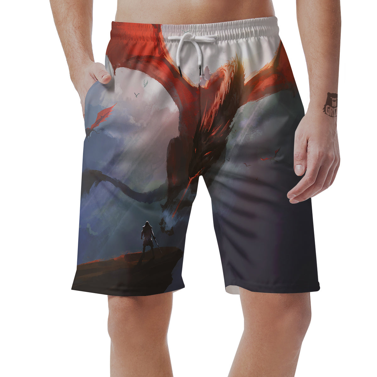 Warrior And Red Dragon Print Men's Shorts-grizzshop