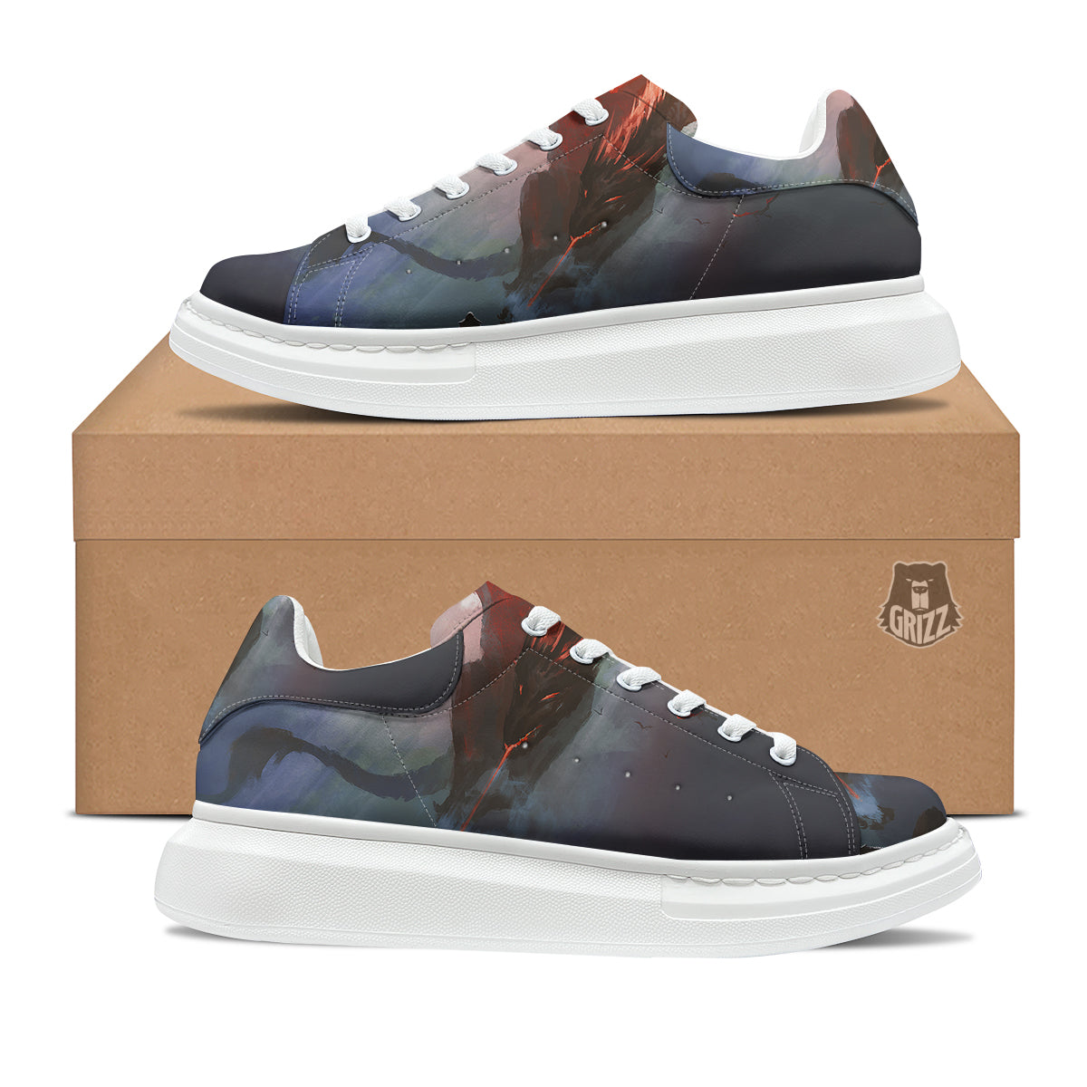 Warrior And Red Dragon Print Platform Shoes-grizzshop