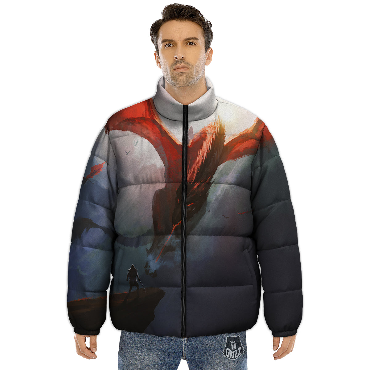 Warrior And Red Dragon Print Puffer Jacket-grizzshop