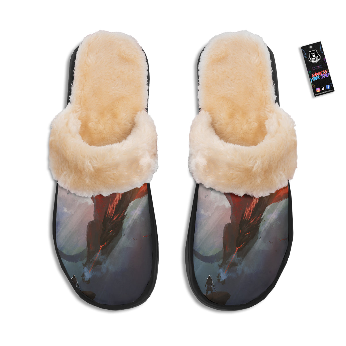 Warrior And Red Dragon Print Slippers-grizzshop