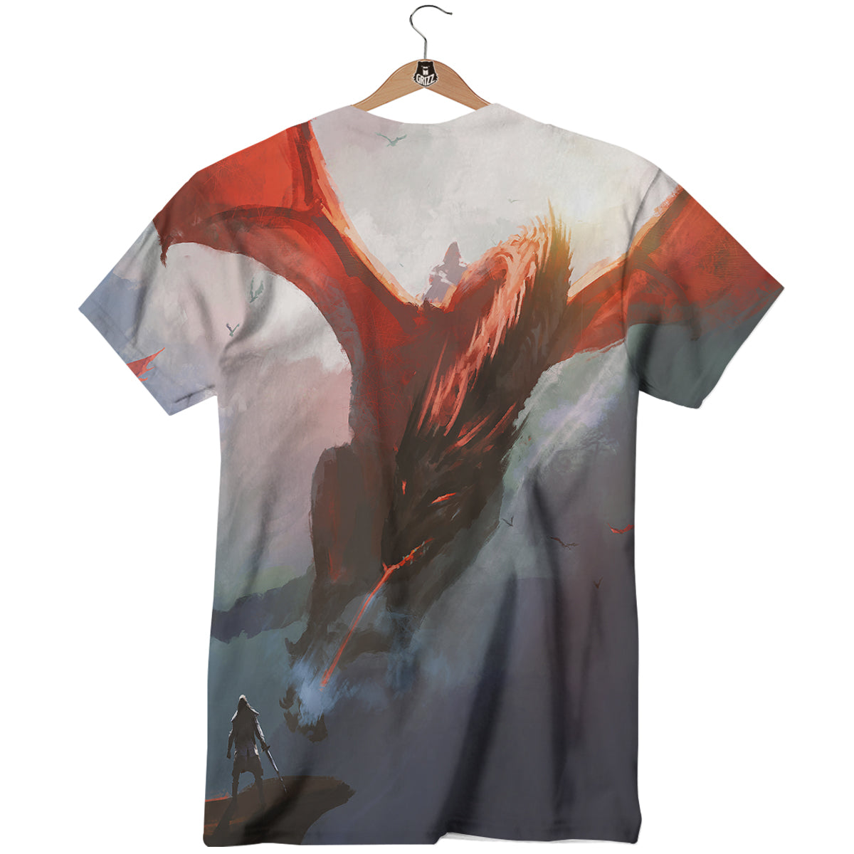 Warrior And Red Dragon Print T-Shirt-grizzshop