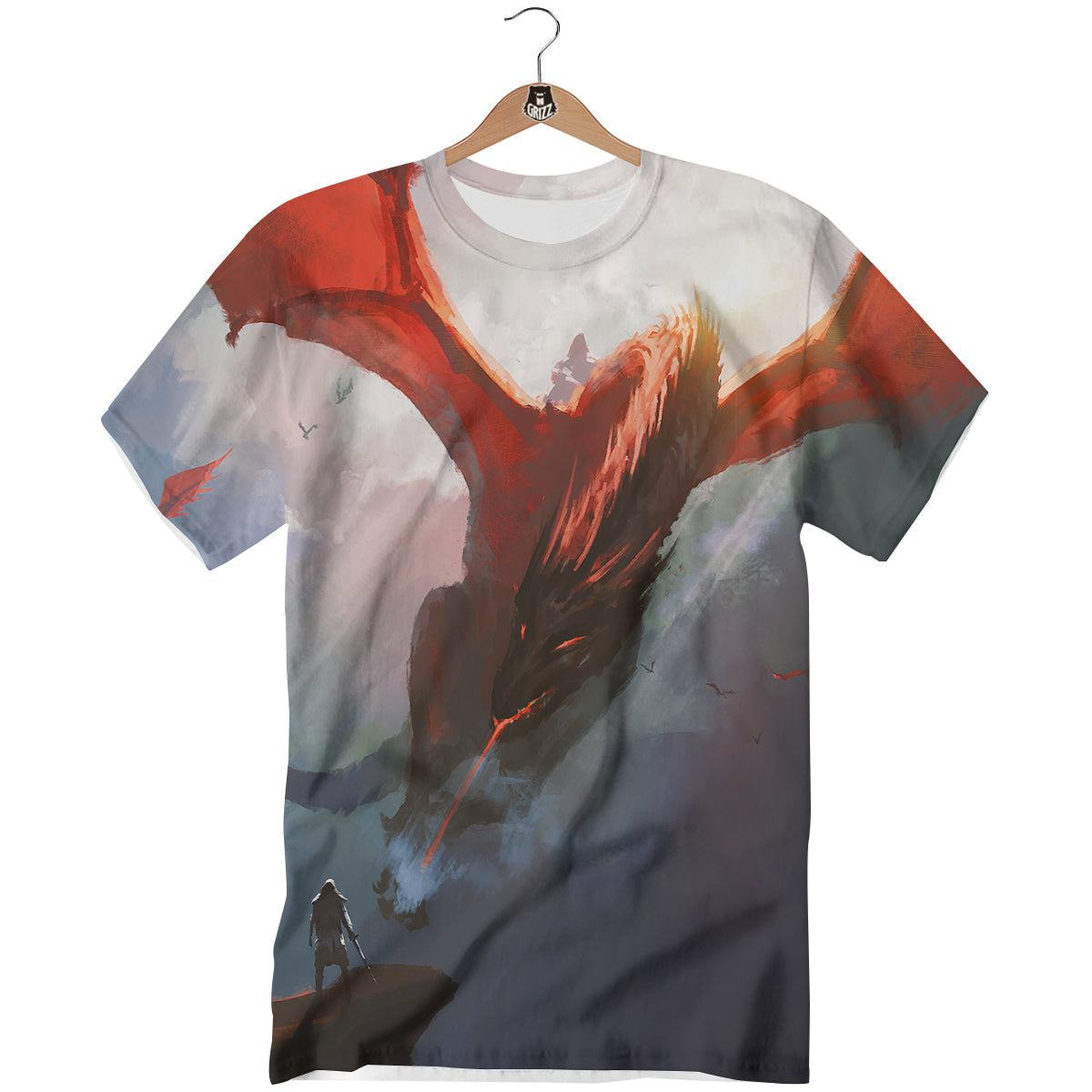 Warrior And Red Dragon Print T-Shirt-grizzshop